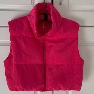 Pink Puffer Vest with Striped Scarf